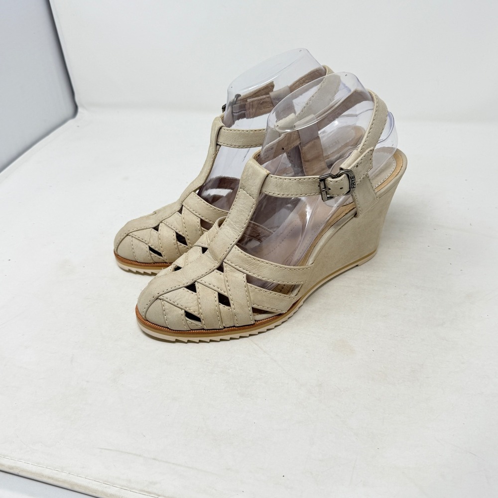 Frye Leather Wedge Sandals Cream 8.5M Boho Woven T-Strap Fisherman Coastal